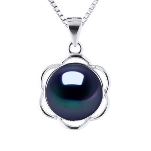 Diadema Womens PETAL Necklace Freshwater Pearl 9-10 mm Black 925 Silver – One Size