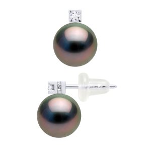 Diadema Womens – Earrings  Diamonds – White Gold and Real Tahitian Pearls – Natural – One Size
