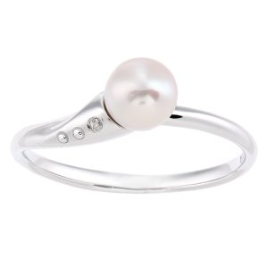 Diamant L’Eternel Womens 9ct White Gold, 0.01ct Diamond with Cultured pearl Ring – Size M