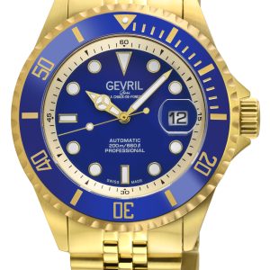 Gevril Mens Wall Street Swiss Automatic Sellita SW200 Bright Blue Enamel Dial, IPYG Satin and Polished Bracelet Watch – Gold – One Size