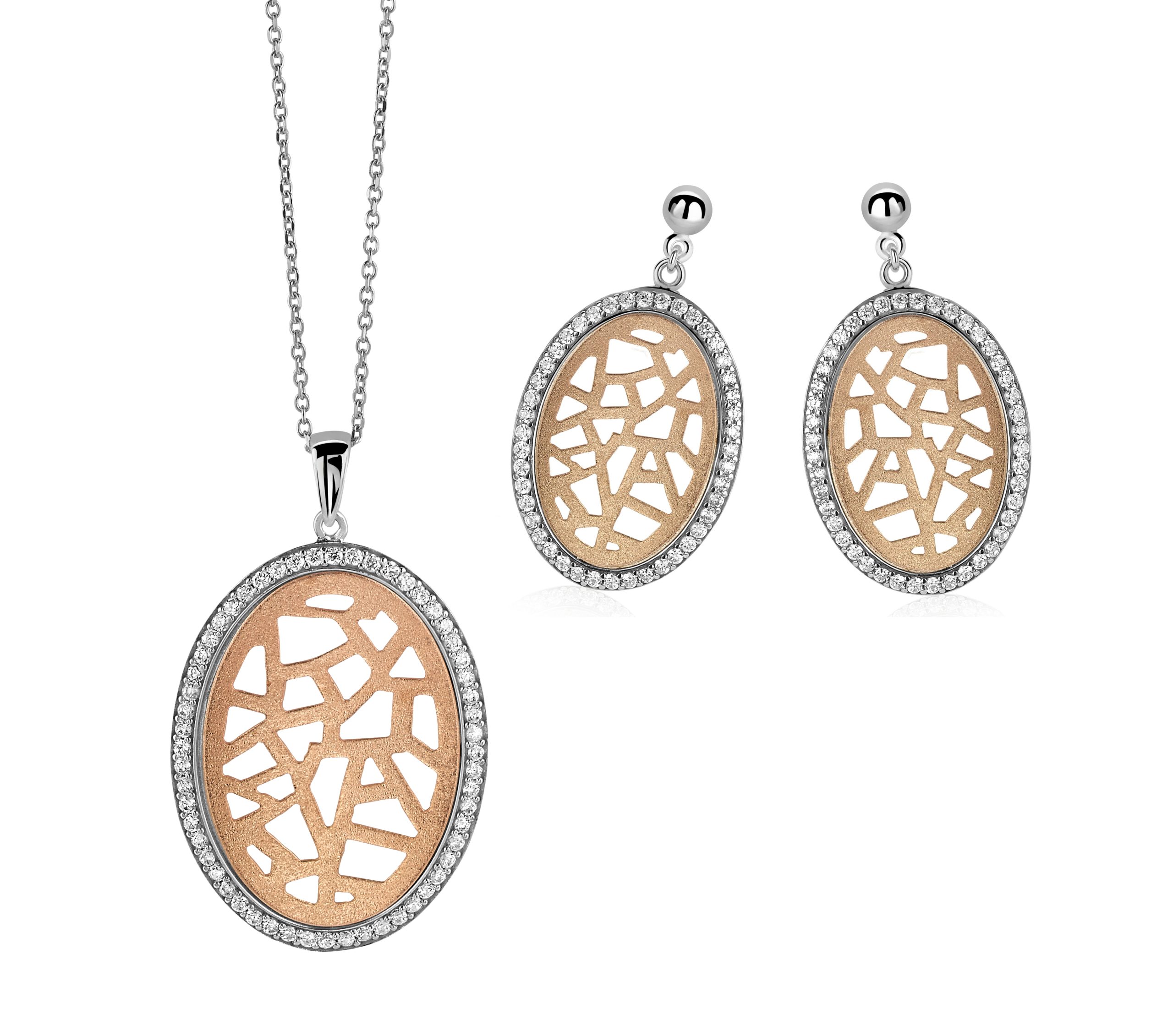 Orphelia WoMens 925 Sterling Silver Set: Chain-Pendant + Earrings - Silver/Rose SET-064 - Silver & Rose Gold - One Size