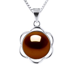 Diadema Womens PETAL Necklace Freshwater Pearl 9-10 mm Chocolate 925 Silver – One Size