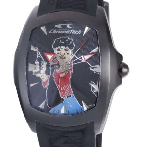 Chronotech Mens Black Leather Watch – Silver – One Size