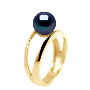 Diadema Womens – Ring in Yellow Gold – Real Freshwater Pearls – Black Tahitian Style – Size T