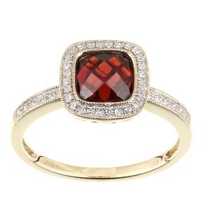 Diamant L’Eternel Womens 9ct Yellow Gold Diamond and Garnet Square Cut Gemstone Ring – Size J