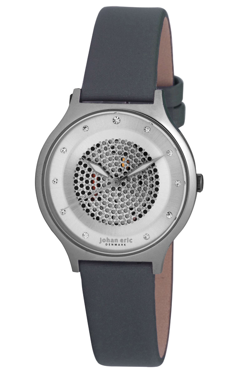 Johan Eric : orstead, WoMens, silver sunray dial watch, up dots & swarovski indexes, grey satin band.. - One Size