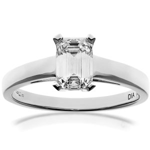 Diamant L’Eternel Womens 18ct White Gold 1.00ct Emerald Cut Certified Diamond Solitare Ring – Size M