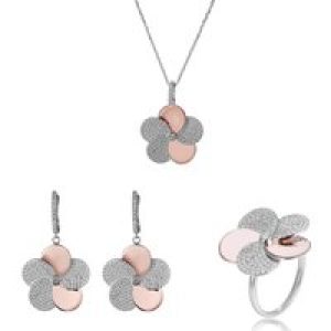 Orphelia ‘Fioni’ WoMens 925 Sterling Silver Set: Necklace + Earrings + Ring – Silver/Rose SET-7452 – Silver & Rose Gold – Size L
