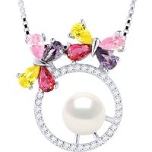Diadema Womens BUTTERFLY Necklace Freshwater Pearl Round 8-9 mm White 925 Silver – One Size