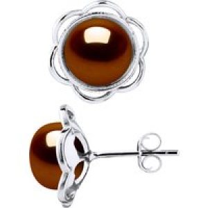 Diadema Womens Stud Earrings FLOWER Beads Freshwater 8-9mm Chocolate Buttons 925 – Brown Silver – One Size