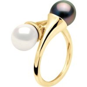 Diadema Womens – Ring You & Me in Yellow Gold – Real Freshwater Pearls and Tahitian – White – Natural – Size T
