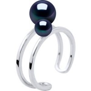 Diadema Womens – Ring DUO – 2 Real Freshwater Pearls – Black Tahitian Style Silver – Size I