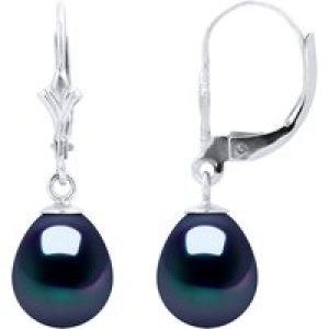 Diadema Womens – Earrings  White Gold and Real Freshwater Pearls – Black Tahitian Style – One Size
