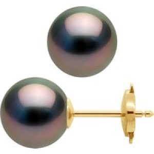 Diadema Womens – Earrings  Yellow Gold and Real Tahitian Pearls – Natural – One Size