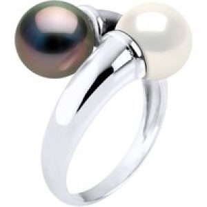 Diadema Womens – Ring You & Me – Real Freshwater Pearls and Tahitian – White – Natural Silver – Size T