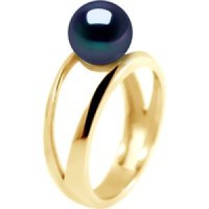Diadema Womens – Ring in Yellow Gold – Real Freshwater Pearls – Black Tahitian Style – Size T