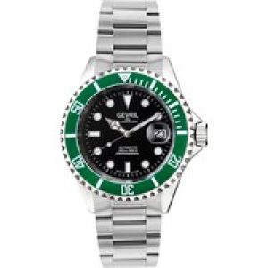 Gevril Mens Wall Street Swiss Automatic 3 Hands, SW200 Movement black Dial Green Bezel Stainless Steel Watch – Silver – One Size