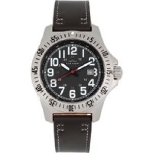 Elevon Mens Aviator Leather-Band Watch w/Date – Black Stainless Steel – One Size