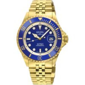 Gevril Mens Wall Street Swiss Automatic Sellita SW200 Bright Blue Enamel Dial, IPYG Satin and Polished Bracelet Watch – Gold – One Size