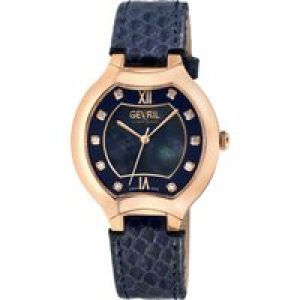 Gevril WoMens Lugano Swiss Diamond Blue MOP Dial Genuine Italian Handmade Leather Watch – Rose Gold – One Size