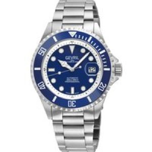 Gevril Mens Wall Street Swiss Automatic Watch, SS Case, Dark Blue Bezel, Enamel Dial, SS Satin and Polished Bracelet – Silver – One Size
