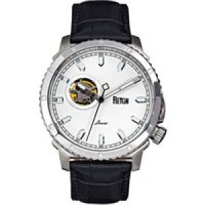 Reign Mens Bauer Automatic Semi-SkeletonLeather-Band Watch – White Stainless Steel – One Size