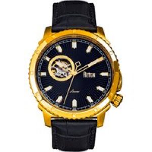 Reign Mens Bauer Automated Semi-SkeletonLeather-Band Watch – Gold Stainless Metal – One Measurement