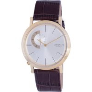 Johan Eric : Randers, Mens, Silver sunray dial Watch, Gold IP coated stainless steel case & clasp, Brown genuine leather w crocodile pattern – One Size