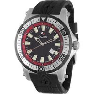 Calibre Mens Hawk Date Swiss Made Movement Watch Black Rubber Strap Black/Red Dial – One Size