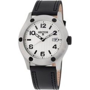 Hector : Mens Silver Watch – Black Leather – One Size