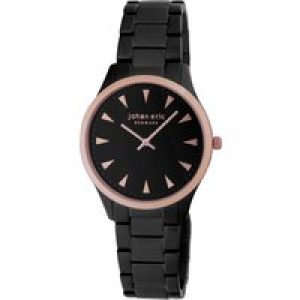 Johan Eric : helsing¸r, Mens, black dial watch w triangular rose gold tone hr-markers, ip case & bracelet with ip bezel ring and crown Stainless Metal – One Dimension