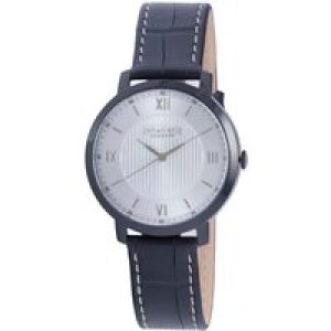 Johan Eric : koge, Mens, silver sunray dial watch, applied indexes w hydraulic stamping pattern black ip coated stainless steel case & buckle, leather w crocodile top…. – One Size