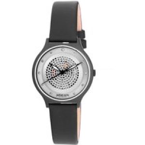 Johan Eric : Orstead, WoMens, Silver sunray Dial Watch, UP dots and Swarovski indexes, Black pvd stainless steel case and buckle, satin band.. – One Size
