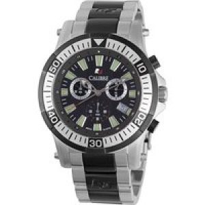 Calibre Mens Hawk Chrono Swiss Made Movement Watch Silver Stainless Steel Strap Black Dial – One Size