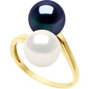 Ateliers Saint Germain Womens Ring You & Me – Yellow Gold – 2 Real Cultured Freshwater Pearls Round 8-9 mm – Black/White – Size L 1/2