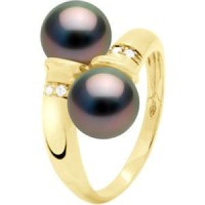 Ateliers Saint Germain Womens Ring You & Me Diamonds 0,06 Cts 2 Real Cultured Tahiti Pearls Round 8-9 mm – Yellow Gold – Black – Size T 1/2