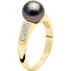 Ateliers Saint Germain Womens Ring Jewelry Diamond 0,06 Cts – Yellow Gold – Real Cultured Tahiti Pearl Round 8-9 mm – Black – Size T 1/2