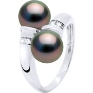 Ateliers Saint Germain Womens Ring You & Me Diamonds 0,06 Cts 2 Real Cultured Tahiti Pearls Round 8-9 mm – White Gold – Black – Size Q