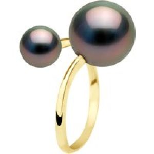 Ateliers Saint Germain Womens Ring Duo – Yellow Gold – 2 Real Cultured Tahiti Pearls Round 7-8 and 11-12 mm – Black – Size T 1/2