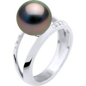 Ateliers Saint Germain Womens Ring Jewelry 0,06 Cts – White Gold – Real Cultured Tahiti Pearl Round 9-10 mm – Black – Size N