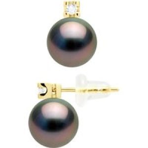 Ateliers Saint Germain Womens Earrings Prestige – Diamonds 0,04 Cts – in Yellow Gold 750 and Real Cultured Tahiti Pearls Round 8-9 mm – One Size