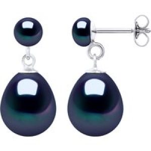 Ateliers Saint Germain Womens Double Earrings White Gold – Real Cultured Freshwater Pearls Button 5-6 mm + Pear 10-11 mm – Black – One Size