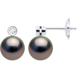 Ateliers Saint Germain Womens Earrings Jewelry Prestige Diamonds 0.06 Cts – CLOSED SET 2 x 0,03 Cts – with Real Cultured Tahiti Pearls Round 8-9 mm – Silver White Gold – One Size