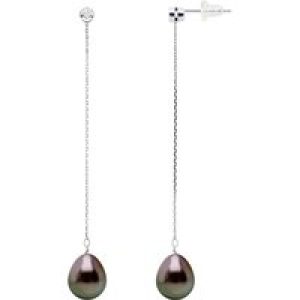 Ateliers Saint Germain Womens Earrings Prestige -Diamonds 0,02 Cts – White Gold – Real Cultured Tahiti Pearls Pear 9-10 mm – Black – One Size