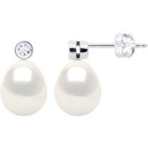 Ateliers Saint Germain Womens Earrings Prestige -Diamonds 0,02 Cts – Quality HSI – White Gold – Real Cultured Freshwater Pearls Pear 8-9 mm – One Size