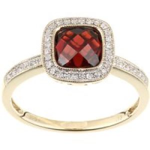 Diamant L’Eternel Womens 9ct Yellow Gold Diamond and Garnet Square Cut Gemstone Ring – Size J