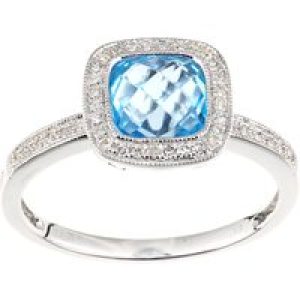 Diamant L’Eternel Womens 9ct White Gold Diamond and Blue Topaz Square Cut Gemstone Ring – Size J