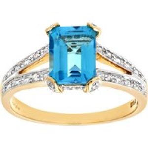 Diamant L’Eternel Womens 9ct Yellow Gold Single Stone Bluetopaz with Diamond Set Collette and Shoulders Ladies Ring – Size L