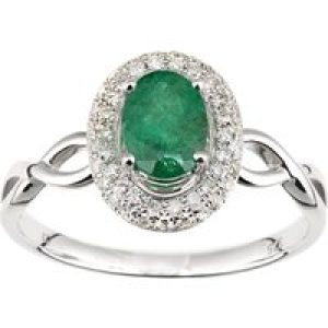 Diamant L’Eternel Womens 9ct White Gold Diamond and Emerald Oval Gemstone Ring – Size J