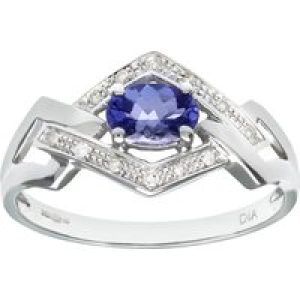 Diamant L’Eternel Womens 9ct White Gold Tanzanite and Pave Set Diamond Link Ring – Size J